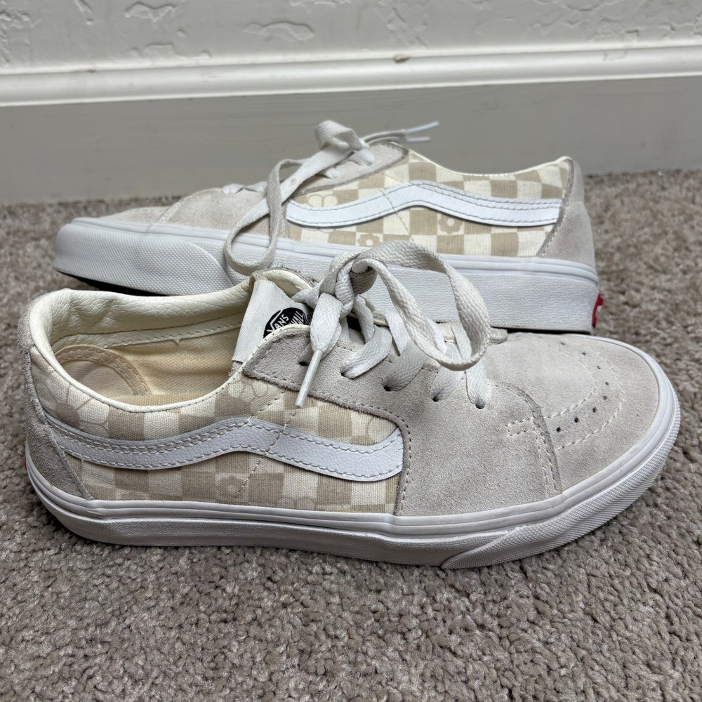 Vans Sk8-Low Floral Checkerboard Oatmeal Suede Sneakers Womens 7 Mens 5.5